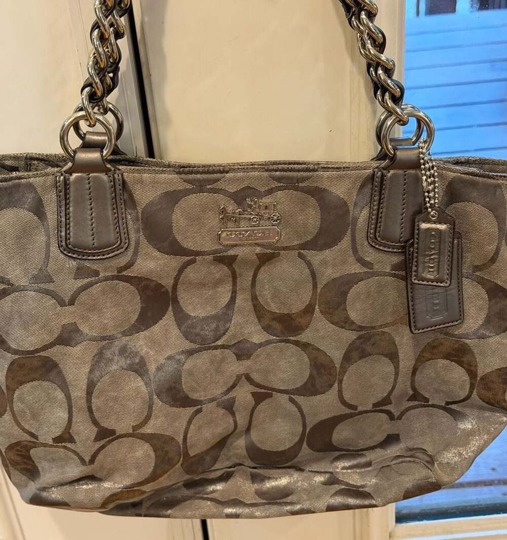 Coach Signature Metallic Chain Tote Bag Silver